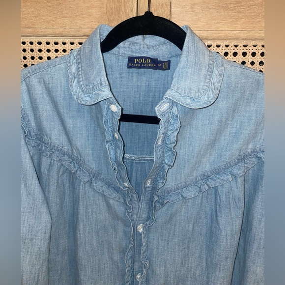 POLO RALPH LAUREN Ruffle-Trim Denim Cotton Shirt Size M - Picture 8 of 11